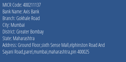 Axis Bank Gokhale Road Branch Address Details and MICR Code 400211137