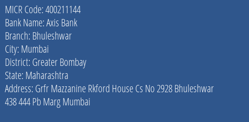 Axis Bank Bhuleshwar Branch Address Details and MICR Code 400211144