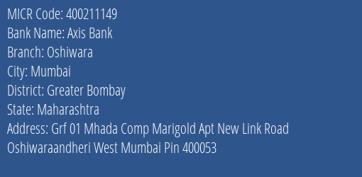 Axis Bank Oshiwara Branch Address Details and MICR Code 400211149