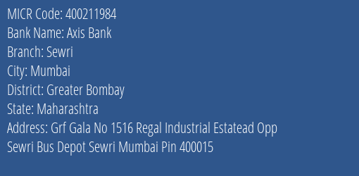 Axis Bank Sewri Branch Address Details and MICR Code 400211984