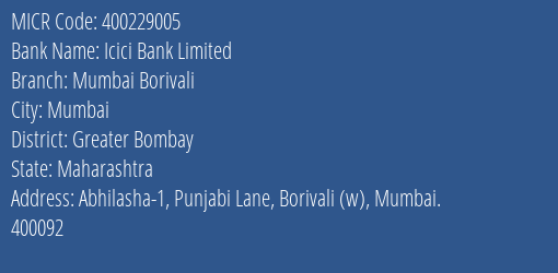 Icici Bank Limited Mumbai Borivali MICR Code