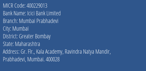 Icici Bank Limited Mumbai Prabhadevi MICR Code