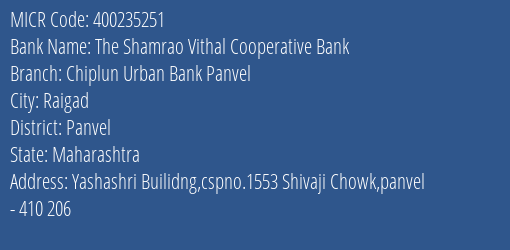 Chiplun Urban Bank Panvel MICR Code