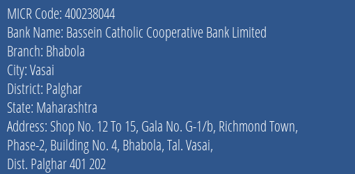 Bassein Catholic Cooperative Bank Limited Bhabola MICR Code
