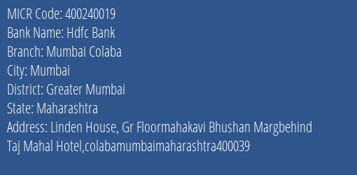 Hdfc Bank Mumbai Colaba MICR Code