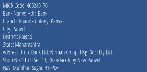 Hdfc Bank Khanda Colony Panvel MICR Code