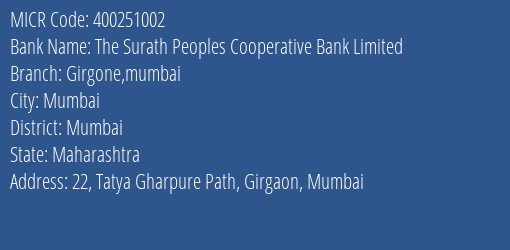 The Surath Peoples Cooperative Bank Limited Girgone Mumbai MICR Code