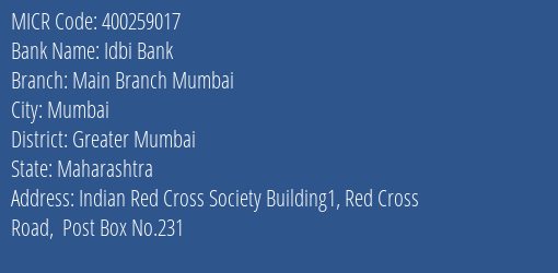 Idbi Bank Main Branch Mumbai MICR Code