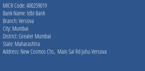 Idbi Bank Versova MICR Code