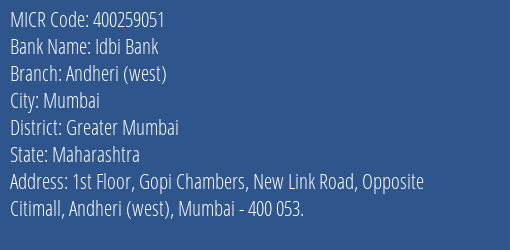 Idbi Bank Andheri Branch Address Details and MICR Code 400259051