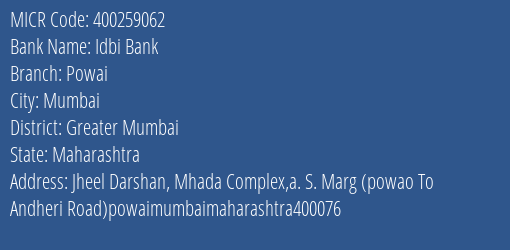 Idbi Bank Chembur Branch Address Details and MICR Code 400259062