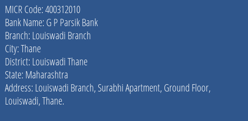 G P Parsik Bank Louiswadi Branch MICR Code