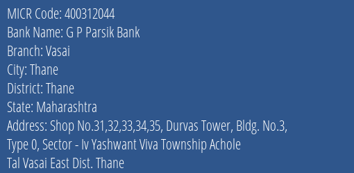 G P Parsik Bank Vasai MICR Code