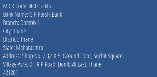 G P Parsik Bank Dombivli MICR Code