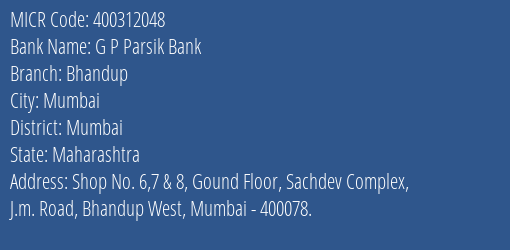 G P Parsik Bank Bhandup MICR Code