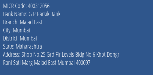 G P Parsik Bank Malad East MICR Code