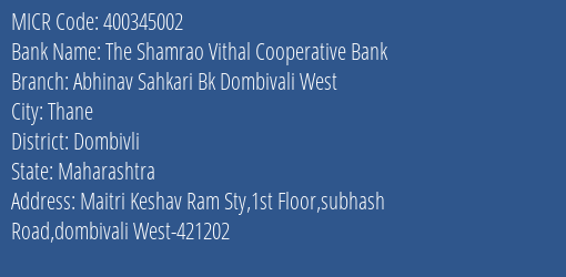 Abhinav Sahkari Bank Dombivali West MICR Code