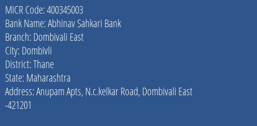 Abhinav Sahkari Bank Dombivali East MICR Code