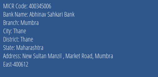 The Shamrao Vithal Cooperative Bank Abhinav Sahkari Bk Mumbra MICR Code