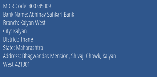 The Shamrao Vithal Cooperative Bank Abhinav Sahkari Bk Kalyan West MICR Code