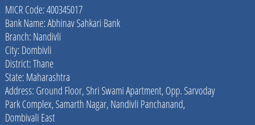 Abhinav Sahkari Bank Nandivli MICR Code