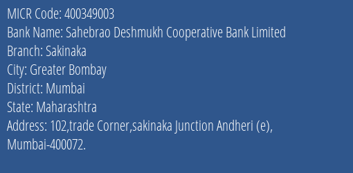 Sahebrao Deshmukh Cooperative Bank Limited Sakinaka MICR Code