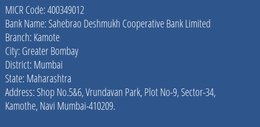 Sahebrao Deshmukh Cooperative Bank Limited Kamote MICR Code