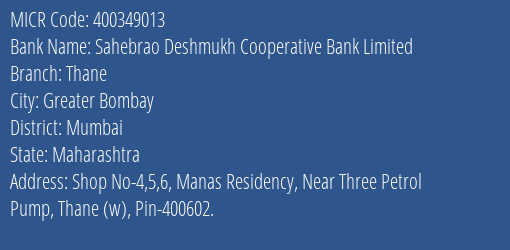 Sahebrao Deshmukh Cooperative Bank Limited Thane MICR Code