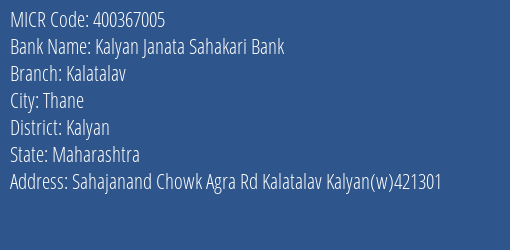 Kalyan Janata Sahakari Bank Kalatalav MICR Code
