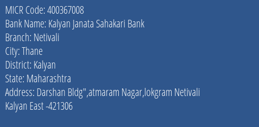 Kalyan Janata Sahakari Bank Netivali MICR Code