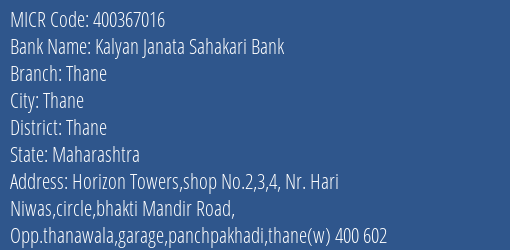 Kalyan Janata Sahakari Bank Thane MICR Code
