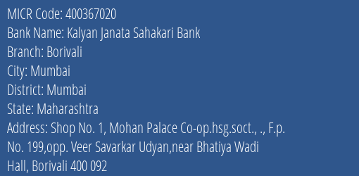 Kalyan Janata Sahakari Bank Borivali MICR Code