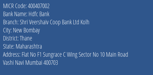 Shri Veershaiv Co Op Bank Ltd Vashi Navi Mumbai MICR Code