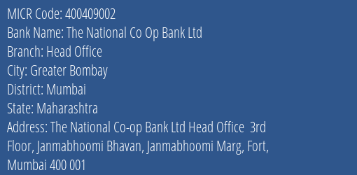 The National Co Op Bank Ltd Head Office MICR Code