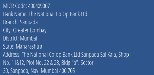 The National Co Op Bank Ltd Sanpada MICR Code