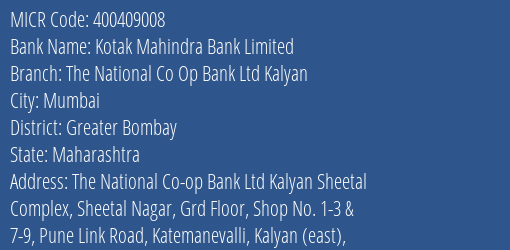 The National Co Op Bank Ltd Kalyan MICR Code