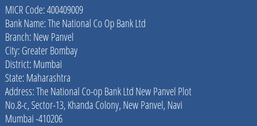 The National Co Op Bank Ltd New Panvel MICR Code