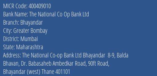 The National Co Op Bank Ltd Bhayandar MICR Code