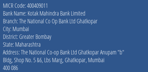 The National Co Op Bank Ltd Ghatkopar MICR Code