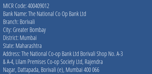 The National Co Op Bank Ltd Borivali MICR Code