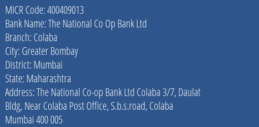 The National Co Op Bank Ltd Colaba MICR Code