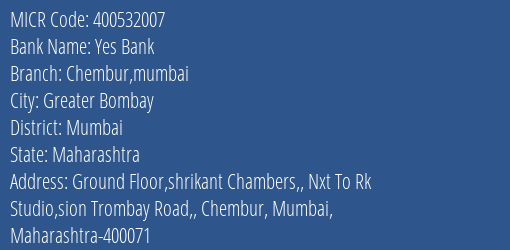 Yes Bank Chembur Mumbai MICR Code
