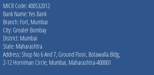 Yes Bank Fort Mumbai MICR Code