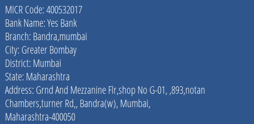 Yes Bank Bandra Mumbai MICR Code