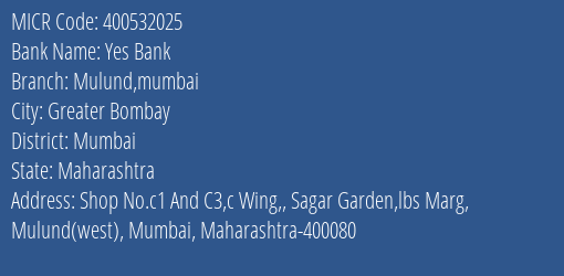 Yes Bank Mulund Mumbai MICR Code