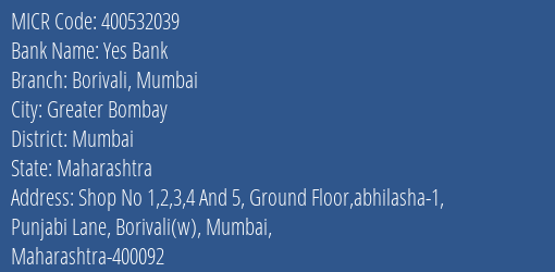 Yes Bank Borivali Mumbai MICR Code