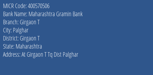 Maharashtra Gramin Bank Girgaon T MICR Code