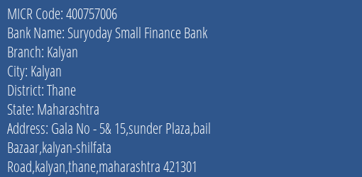 Suryoday Small Finance Bank Kalyan Branch Address Details and MICR Code 400757006