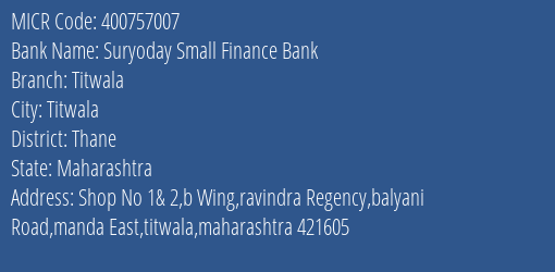 Suryoday Small Finance Bank Titwala Branch Address Details and MICR Code 400757007