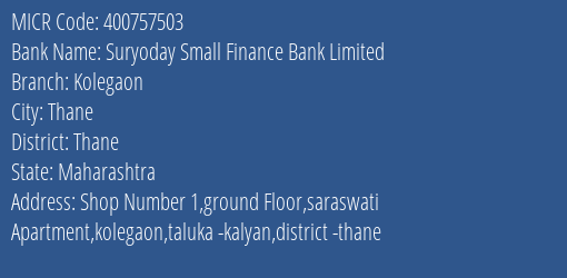 Suryoday Small Finance Bank Kolegaon Branch Address Details and MICR Code 400757503